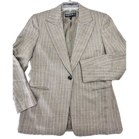 Lafayette 148 Single button Suit Blazer Jacket taupe pink pinstripes sz 10 - Picture 1 of 11